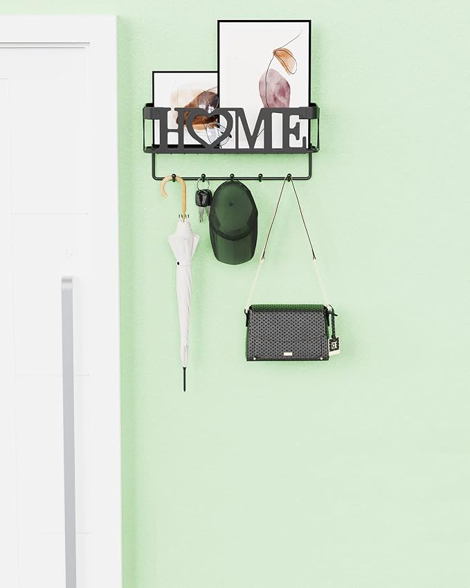 Key Holder for Wall - Key Rack with 5 Key Hooks, 11.02" L×2.75" W×4.92" H, Key and Mail Organizer Wall Mount with Mesh Basket, Key Hanger for Wall, Entryway, Home Decor(Matte Black)