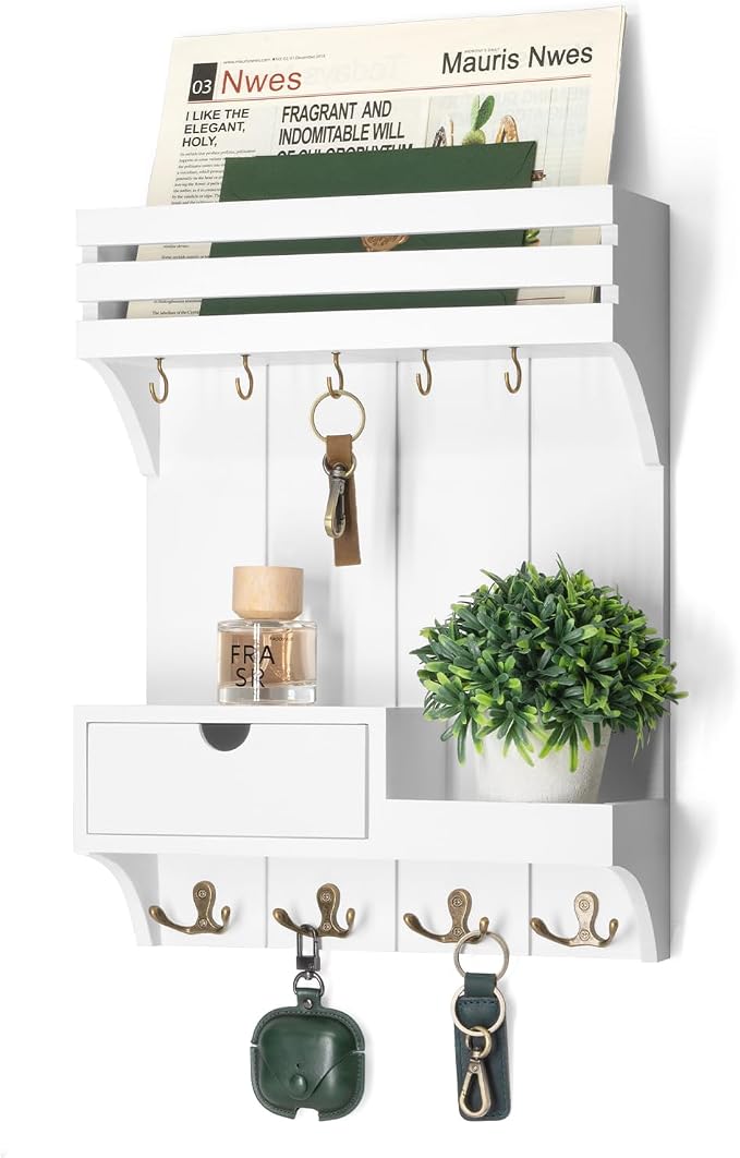 Rebee Vision Key Holder Wall Mount with Drawer & Shelf for Entryway, White | Sturdy Wood, Key Holder for Wall, 9 Sturdy Key Hooks, Wall Shelf, Drawer Organizer, Modern Home Decor, Decorative Storage