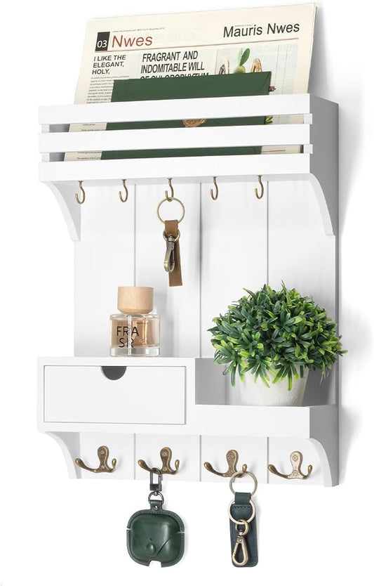 Rebee Vision Key Holder Wall Mount with Drawer & Shelf for Entryway, White | Sturdy Wood, Key Holder for Wall, 9 Sturdy Key Hooks, Wall Shelf, Drawer Organizer, Modern Home Decor, Decorative Storage