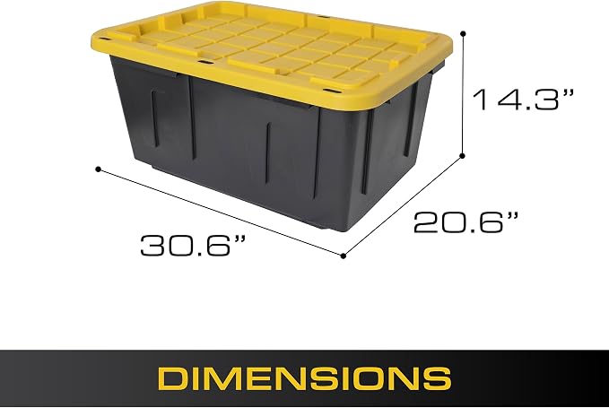 CX Heavy Duty 27-Gallon Stackable Plastic Storage Bins with Lids, 4 Pack | Storage totes for garage organization, Stackable containers, weather-resistant, snap lid, 14.3H x 20.6W x 30.6D, Black/Yellow