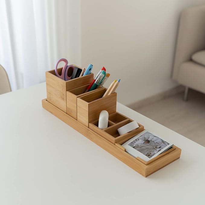 Bamboo Vanity Tray Set, 6-Piece Bathroom Organizer for Small Items | 14.9-Inch Long, Modular 6-Piece Set for Makeup, Jewelry and Small Items on Bathroom, Kitchen or Desk Counters