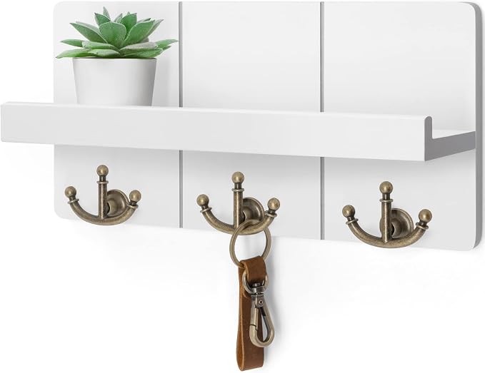 Rebee Vision Key Holder Wall Mount with 3 Anchor Hooks for Entryway, White | Key Holder for Wall, Floating Shelf, Plant Display, Mail Organizer, Retro Key Hanger, Decorative Storage, Elegant Home Accent