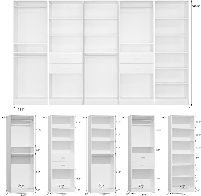 VOWNER 25'' Closet Organizer System with 5 Adjustable Shelves | Modular Closet Open Shelving 15" Deep Wooden Closet Systems Tower Storage Shelves Units Freestanding Wardrobe Shelves