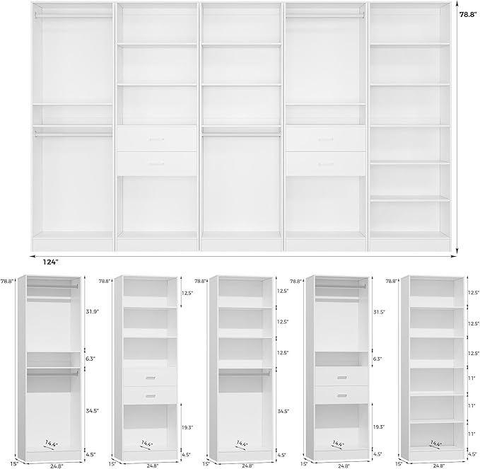 VOWNER 50'' Closet Organizer System with 10 Adjustable Shelves | Modular Closet Open Shelving 15" Deep Wooden Closet Systems Tower Storage Shelves Units Freestanding Wardrobe Shelves