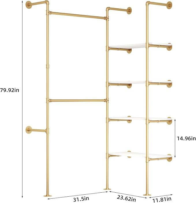 Industrial Pipe Clothing Rack | Hanging Rods Clothes Rack with Shelves, Clothes Rack for Wardrobe, Corner Closet System for Walk in Closets