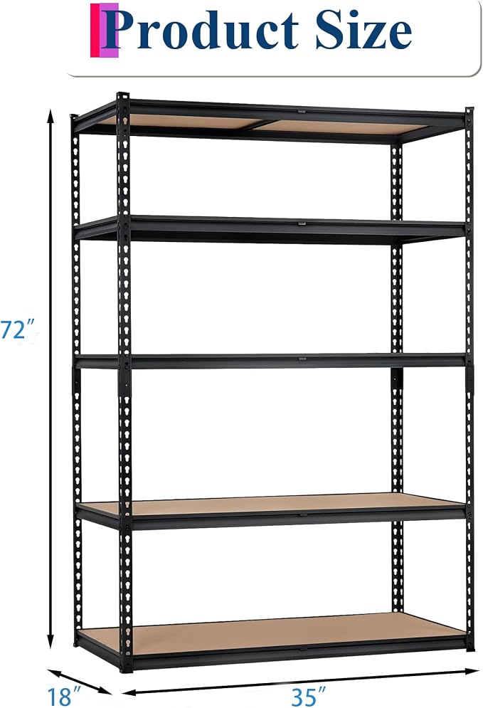 Heavy Duty Storage Shelves 5-Tier Shelving Unit, 2500 LBS Capacity Metal Rack for Garage Kitchen Pantry, Adjustable Shelves, 35" L x 18" W x 72" H