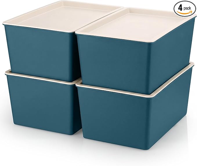 4 Pcs Storage Bins with Lids Plastic Stackable Containers for Classroom Room Organizing Shelves Christmas Ornament Box Baskets(Blue,Large)