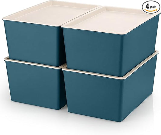 4 Pcs Storage Bins with Lids Plastic Stackable Containers for Classroom Room Organizing Shelves Christmas Ornament Box Baskets(Blue,Small)