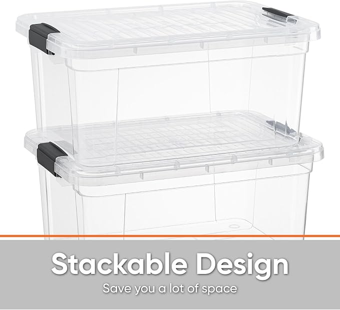 Superio Storage Bins with Lids- 4 Pack, 6.6 Qt Clear Boxes for Organizing, Stackable Plastic Containers- BPA Free, Non-Toxic, Odor Free, Organizer for Home, Office, Dorm