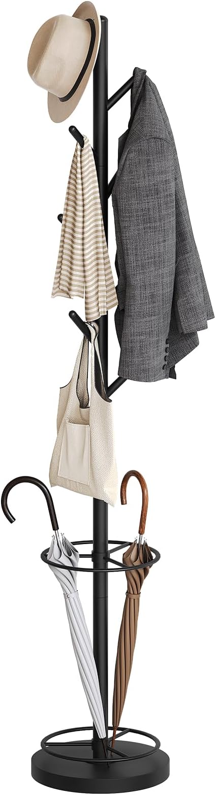 Coat Rack Freestanding with Umbrella Holder, Coat Rack Stand with 8 Hooks, Heavy Duty Coat Tree for Entryway, Modern Clothing Rack, Metal Coat Hanger Stand for Bedroom, Office, Black YM03BB