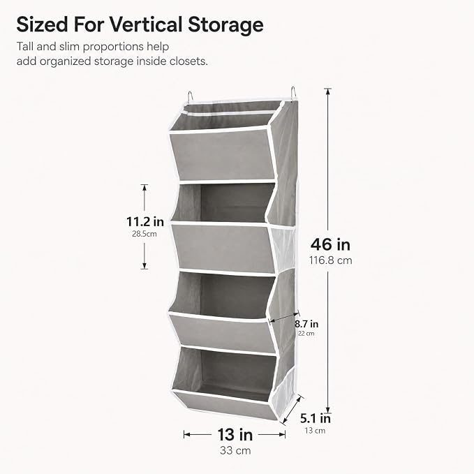 4-Shelf Hanging Closet Organizer and Storage, Fabric Storage Bins Bedroom Organization with Mesh Pockets, Collapsible Hanging Shelves Wardrobe Organization for Home, Dorm, Rv (Grey)