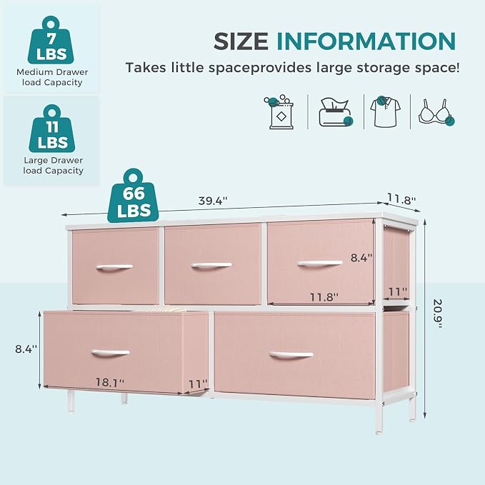 OLIXIS Pink Dresser for Girls Bedroom, Wide Dresser for Closet, 5 Drawers | Closet Organizers and Storage with Bins, Fabric Chest of Drawers for Clothes Storage, Wooden Top, Living Room