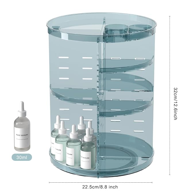 Rotating Makeup Organizer, DIY 8 Adjustable Layers Spinning Skincare Storage, Cosmetic Display Case with Brush Holder and Perfume Tray, Multi-Function Vanity Bathroom Countertop Organizer Clear Blue