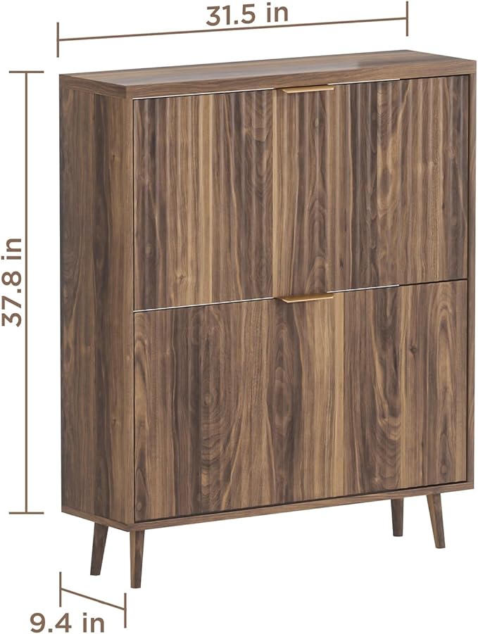 Shoe Cabinet Storage, Modern Freestanding Organizer with 2 Flip Drawers, Narrow Shoe Rack for Entryway, Walnut