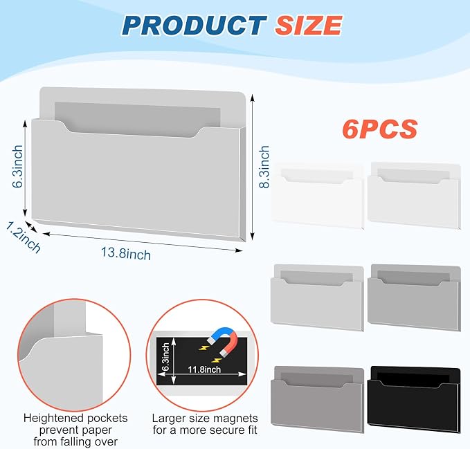 6 Pcs Magnetic Wall File Organizer Magnetic Wall File Holder Refrigerator Magazine Holder for Mail Letters Paper(Achromatic Colors,Horizontal-large)
