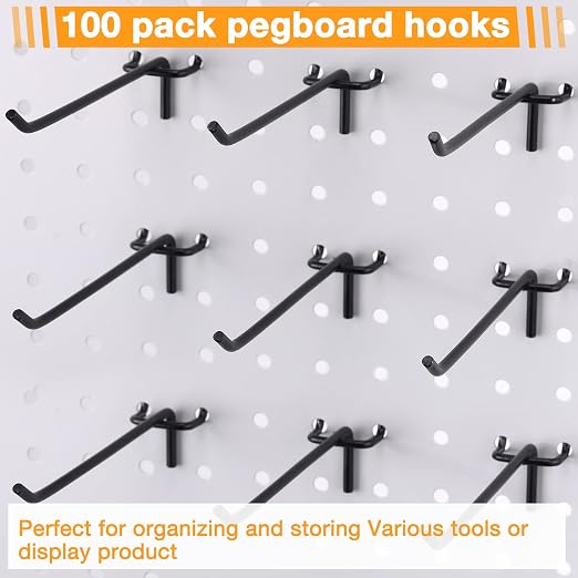 100 Pcs Peg Board Shelving Hooks Stainless Steel Hanging Board Pegs Wall Display Hooks Bulk for 1/8 1/4 Garage Storage Organizer Accessories (6 Inch,Black)