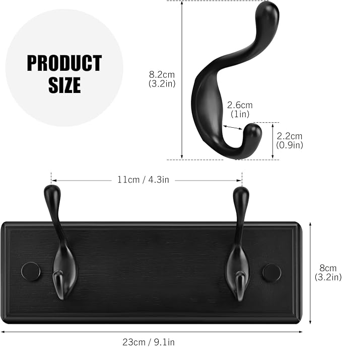 Badiano Wooden Coat Rack, Wall-Mounted Organizer for Closet, Entryway, Hallway, Foyer, Bedroom, Heavy Duty Double Hooks for Hanging Towels, Bags, Hats, Jackets, Key (Black, 2 Hooks)