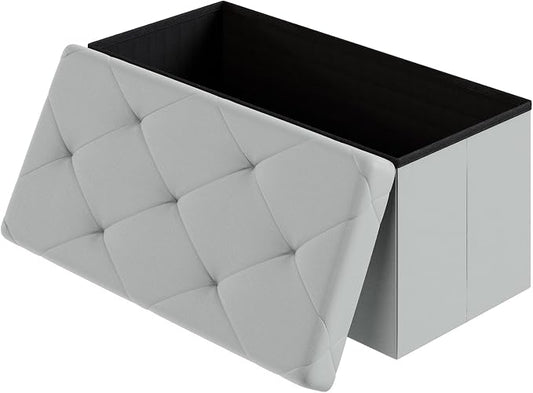 DUMOS 30 Inch Folding Ottoman with Storage Bench, Foot Rest Stool Ottoman | Upholstered End of Bed Storage Bench, Storage Ottoman Loads 660 Lbs for Bedroom, Living Room, Synthetic Leather, Gray