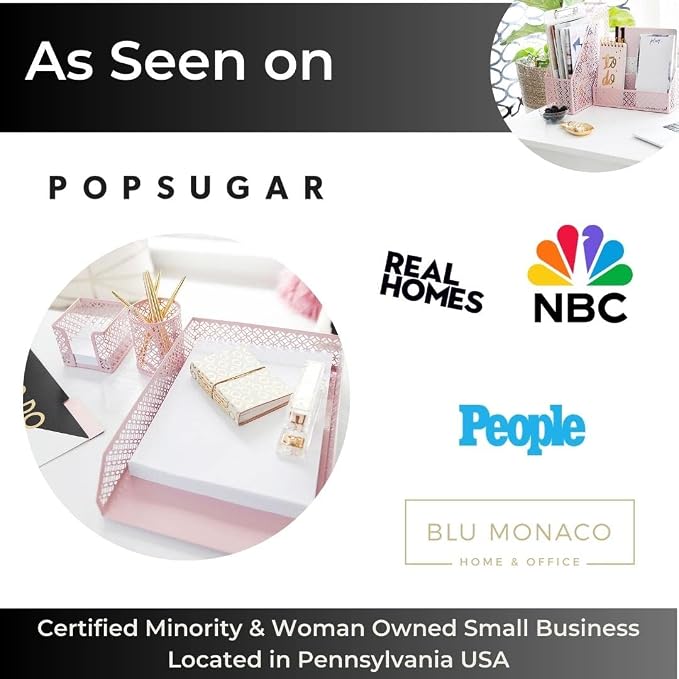 BLU MONACO Pink Desk Organizer Set | 6-Piece Metal Desktop Accessories | Mail Sorter Organizer Countertop | Letter Sorter for Desk | Mesh Pen Holder | Home Office or Dorm
