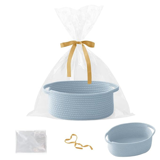 Blue Woven Rope Basket - Baby Gift Basket with Bag & Ribbon | Cotton rope with handle, 12x8x5 in, gift bag and ribbon, for baby shower, birthday, toy storage, nursery, shelf decor