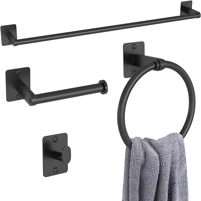 KLJKPA Black Bathroom Accessories Set, 4-Piece Bathroom Hardware Set | 24 inch Towel Bar, Towel Racks for Bathroom, Robe Towel Hooks, Toilet Paper Holder Wall Mounted