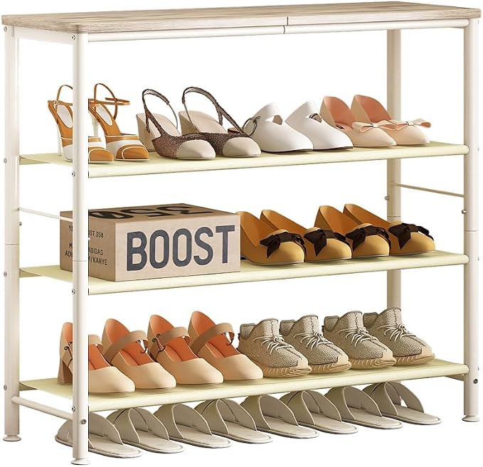 INGIORDAR 4 Tier Shoe Rack Storage Organizer Shelf Top with MDF Board | Space-Saving,with 3 Layer Fabric,stores 16+Pairs of Shoes for Closet,Entryway,Bedroom,Living Room Garage,White