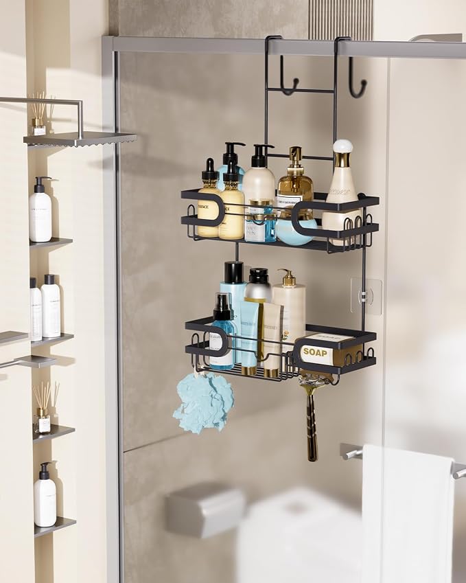 HapiRm Hanging Shower Caddy Over the Door with 14 Hooks and Soap Holder, No Drilling Adhesive Shower Storage, Rustproof & Waterproof Stainless Steel Bathroom Shelves - Black