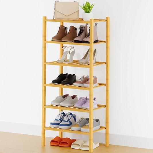 Smiry Bamboo Shoe Rack, 14 Vertical Slats, 6 Tier - 17.3" Wide, Natural | Stackable Free Standing Wooden Shoe Organizer, Wood Shoe Storage Shelf for Closet, Entryway, Thicher Leg