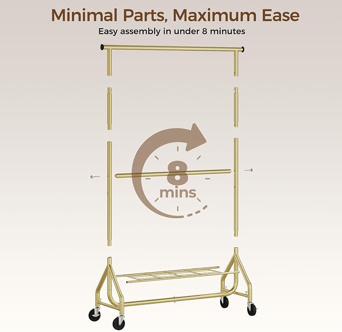 HYSEYY Heavy Duty Clothes Rack, Double Rod Clothing Rack for Hanging Clothes, Rolling Garment Rack, Adjustable Freestanding Wardrobe Closet Coat Rack for Bedroom Laundry Living Room, Gold