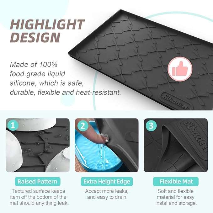 SIKADEER Waterproof Under Sink Mat Food-Grade Kitchen Shelf Liner 34" x 22" | Thick Raised Edge Cabinet Protector, BPA Free Kitchen Organizer and Storage, Non-Slip Dog & Cat Mat, Silicone Drying Mat