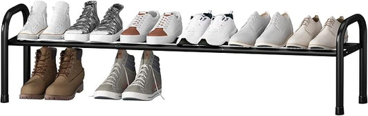 STO STO Long Expandable Shoe Rack 1-Tier, Adjustable Length 33.7”–47.5” Shoe Organizer, Metal Shoes Storage Shelf, Holds Up to 12 Pairs, Non-Slip Feet, for Closet, Entryway, Hallway, Front Door, Black