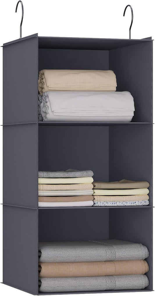 Hanging Closet Organizer 3-Shelf, Oxford Fabric Wardrobe Storage, Dark Gray | Easy-mount foldable design holds clothes, handbags, shoes & accessories; washable Oxford fabric, sturdy and space-saving.