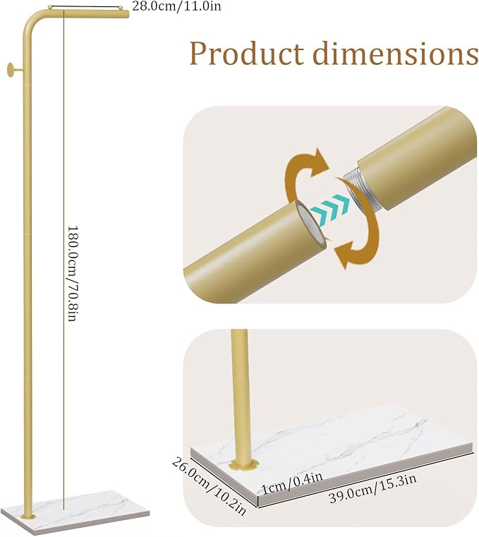 OUTBROS Freestanding Coat Rack, Garment Racks with Hook, 70.8“hign, Gold | Portable Modern Hanger, Sturdy Metal Clothing Rack, Used in Bedroom, Entrance and Living Room