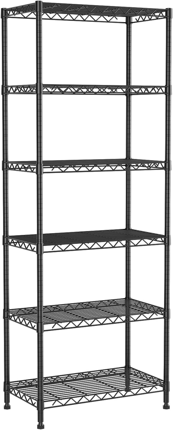 6-Tier Wire Rack Shelving,Metal Shelf Racks with Lockable Wheels, Black | 21.3" Wx11.4 Dx73 H,Height Adjustable Wire Storage Shelves for Narrow Space/Kitchen/Pantry/Laundry/Office/Closet