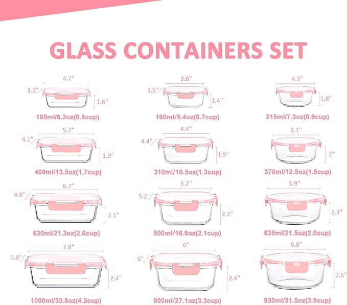 24 Pieces Glass Food Storage Containers Set, Meal Prep Containers, BPA-Free Airtight Glass Storage Containers with lids,Freezer, Microwave and Oven Safe,Pink