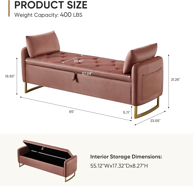 65" End of Bed Storage Bench, Modern Storage Benches for Foot with Tufted Button and Gold Legs, Upholstered Window Ottoman Benches with Armrests, Rose Gold