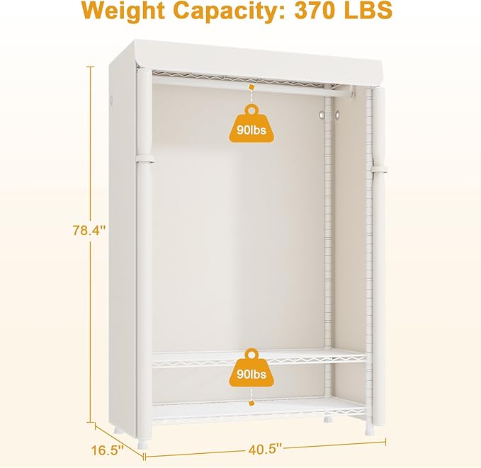 H5C Plus Clothes Rack with Cover, Covered Clothing Rack Heavy Duty | Garment Rack with Shelves, 3-Tier Portable Closets for Hanging Clothes, Max Load 370LBS, White Closet Racks with White Cover