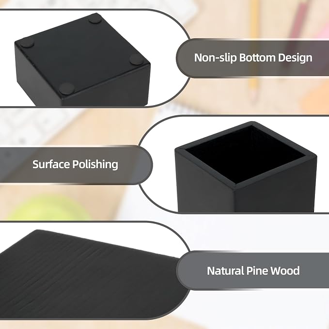 RAWILL 3 PCS Black Wooden Desk Organizer Set Pine Wood Office Desk Accessories with Pen Holder, Paperclip Storage and Sticky Note Holder, Wood Grain Clear, Ideal Gift for Office and Family (Black)