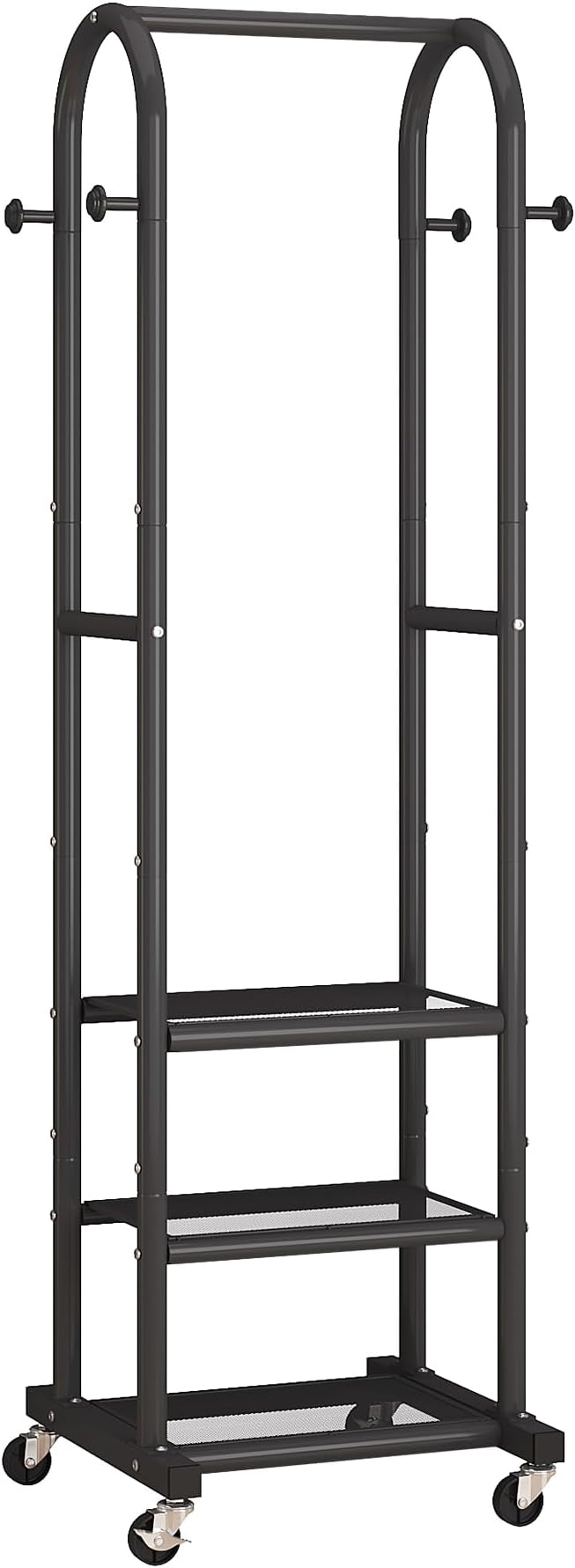 Dttwacoyh Clothing Rack with Wheels,Narrow Metal Garment Rack,Black | Easy to install, 71.8 Inches Display Rack with 4 Side Hooks & 3 Shelves,for Small Flats, Bedroom, Entryway,Black Clothes Rack