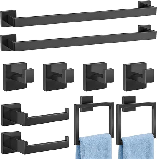 Gypie 10-Piece Bathroom Accessories Set 24In Towel Racks for Bathroom Wall Mounted Stainless Steel Large Family Modern Matte Black