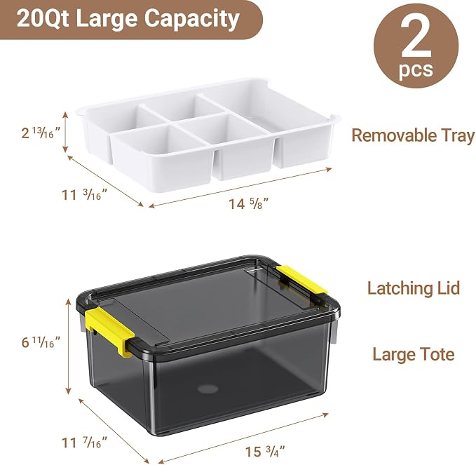 40Qt Stackable Storage Bins with Lids Trays Craft Box Organizers, 2Pack,GY | Clear Plastic Latching Boxes Organizers with Dividers Portable Containers for Arts & Crafts, Home Office Classroom Car Trunk