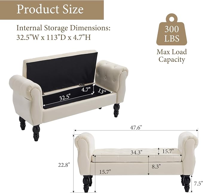 47″ Storage Bench with Arms End of Bed Bench,Velvet Entryway Bench with Storage, Button Tufted Upholstered Ottoman Bench Wood Legs, Window Sitting Bench for Bedroom/Living Room/Hallway, Cream