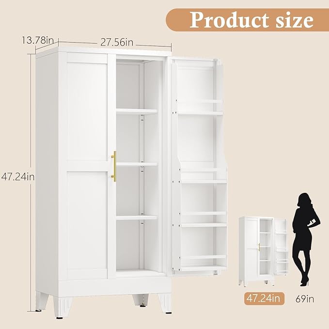 48" H Metal Kitchen Pantry Storage Cabinet, Freestanding Cupboard Storage Cabinet with Doors and Adjustable Shelves, Large Stand Up Food Cupboard for Living Room, Dinning Room（White）
