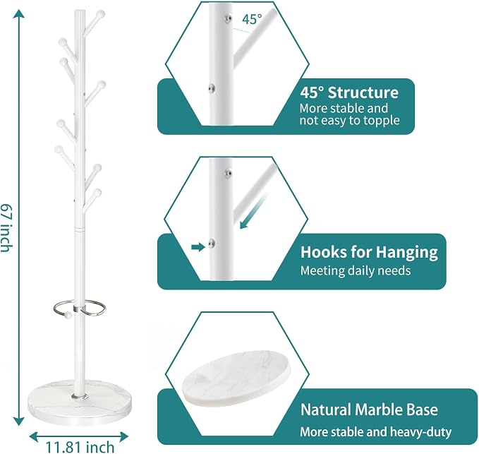 OIRUMIE Coat Rack,Metal Coat Rack Frestanding,White Coat Stand for Entryway | Coat Rack Stand with Marble Base & Umbrella Holder,Modern Coat Hanger Stand,Coat Clothes Tree Stand for Hallway