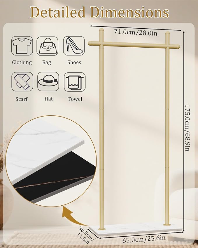 Coat Racks Freestanding with Natural Rock Base,68.9in,Gold,Large | Garment Racks with Anti Slip Knots for Outerwear,Clothes Stands with Strong Load-Bearing,Metal Clothing Trees for Hats