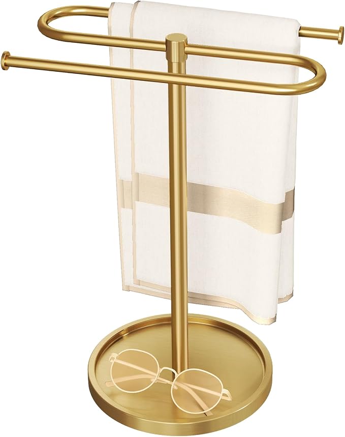 Bethom Bathroom Hand Towel Holder Stand Gold, S-Shape Kitchen Towel Rack | Stainless Steel Countertop Towel Standing Bar, Holds 2 Hand Towels