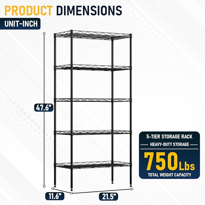 FDW 5 Tier 22L x 12W x 48H Pantry Shelves Adjustable Storage Rack Metal Shelf NSF Shelving Units for Kitchen Garage Small Places Commercial,Black