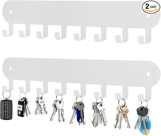 2 Pack Key Holder Wall Mount, Wall Mount Key Holder, White | Keys Holder On Wall, Key Hooks with 8 Hooks, Key Rack for Wall No Drill for Living Room, Kitchen, Bathroom, Garage