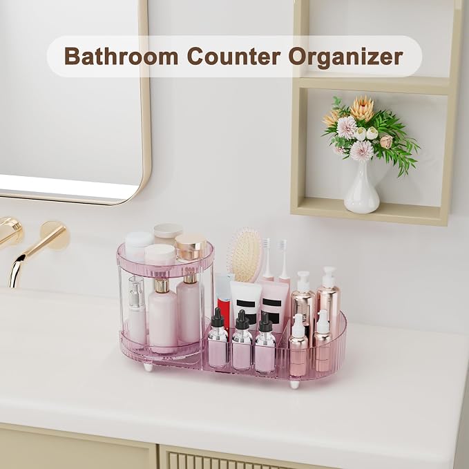 360 Rotating Vanity Makeup Organizer, 2 Small Trays & 5 Compartments for Cosmetics, Skincare, Perfume, Lipstick & Make up Brushes Holder, Dresser Countertop Organizers and Storage for Bathroom, Desk