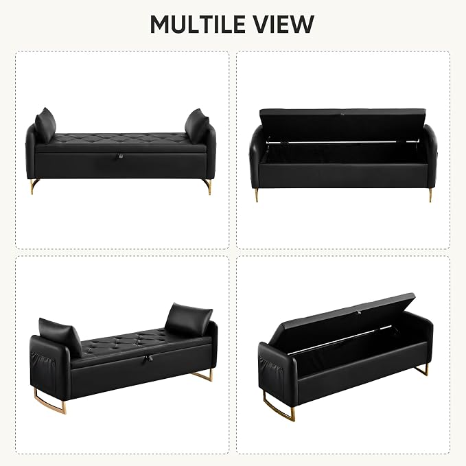 65" End of Bed Storage Bench, Modern Storage Benches for Foot of Bed with Tufted Button and Gold Legs, Upholstered Faux Leather Window Ottoman Benches with Armrests, Black